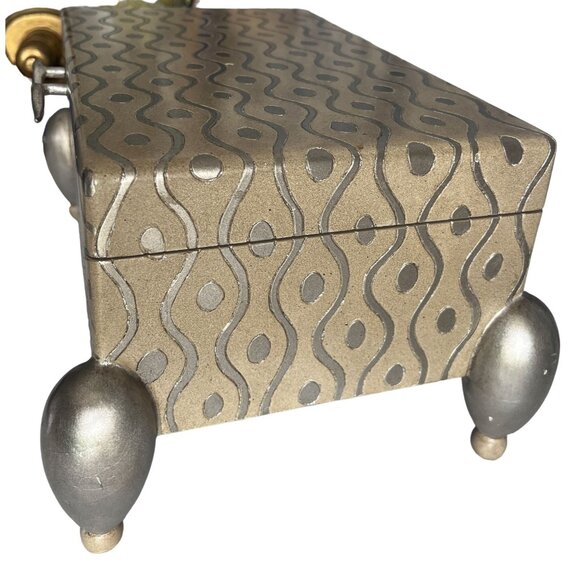 ART DECO Silver & Taupe WAVE Box With Patterned Design & Ball Feet Home Decor - Picture 4 of 9